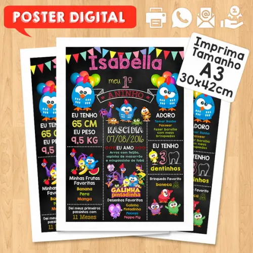 Arte Digital Chalkboard Aniversário A3 Galinha Pintadinha