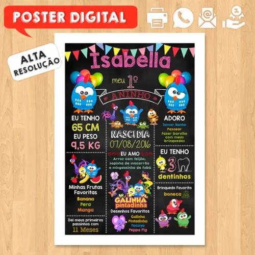 Arte Digital Chalkboard Aniversário A3 Galinha Pintadinha