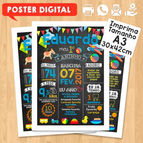 Arte Digital Chalkboard Aniversário A3 Menino Brinquedos