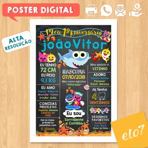 Arte Digital Chalkboard Aniversário Baby Shark