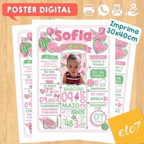Arte Digital Chalkboard Aniversário Melancia Rosa