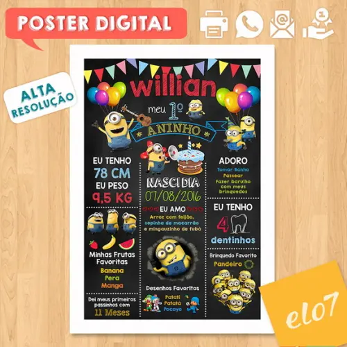 Arte Digital Chalkboard Aniversário os Minions