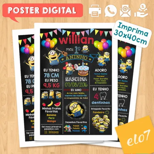 Arte Digital Chalkboard Aniversário os Minions