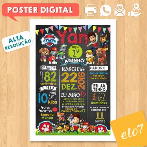 Arte Digital Chalkboard Aniversário Patrulha Canina