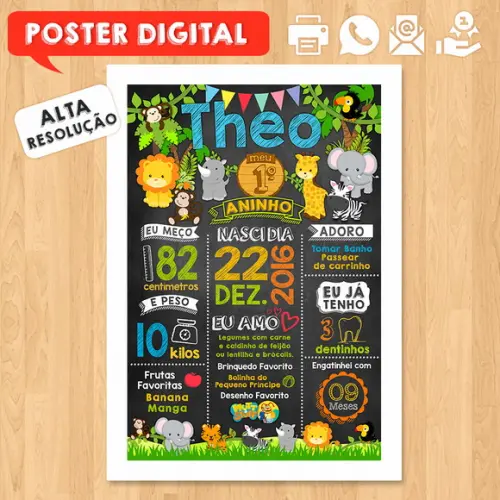 Arte Digital Chalkboard Aniversário Safari Zoológico