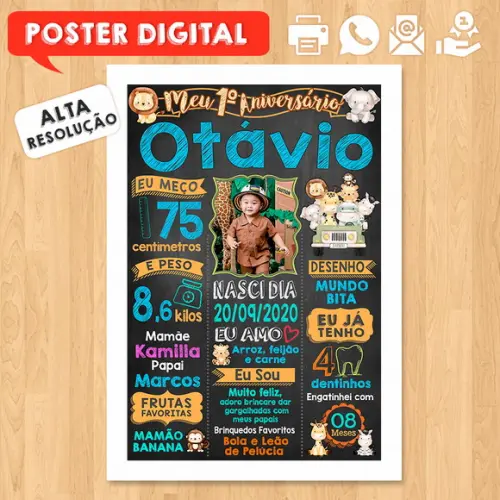 Arte Digital Chalkboard Aniversário Safari Zoológico