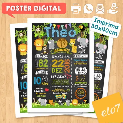 Arte Digital Chalkboard Aniversário Safari Zoológico
