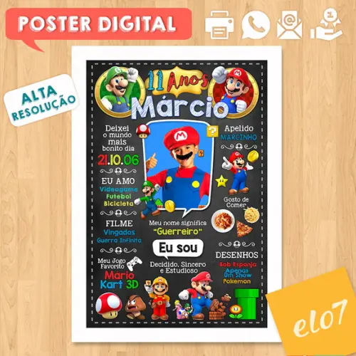 Arte Digital Chalkboard Aniversário Super Mário