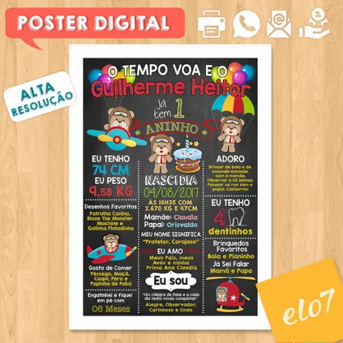 Arte Digital Chalkboard Aniversário Urso Aviador