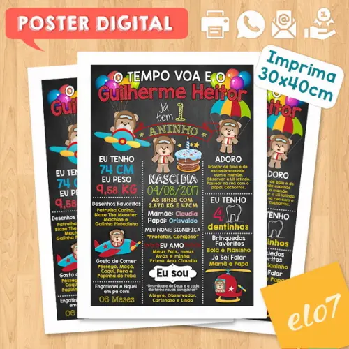 Arte Digital Chalkboard Aniversário Urso Aviador