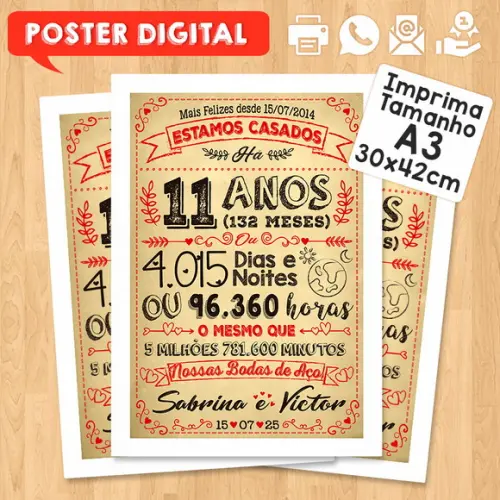 Arte Digital Chalkboard Bodas Aço 11 Anos A3 30x42cm
