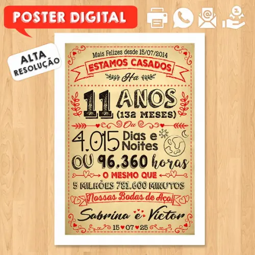 Arte Digital Chalkboard Bodas Aço 11 Anos A3 30x42cm