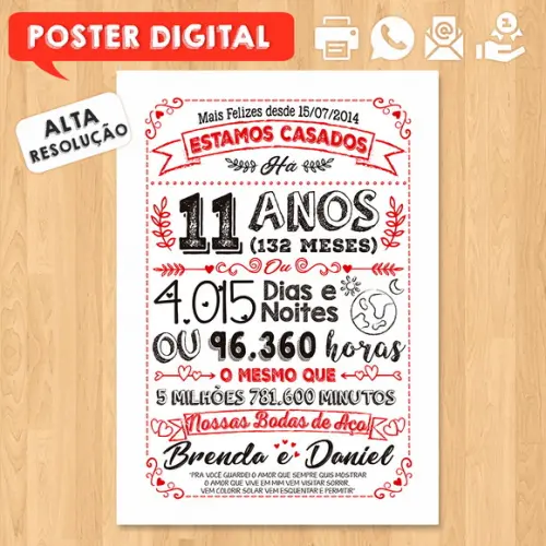 Arte Digital Chalkboard Bodas Aço 11 Anos A3 30x42cm