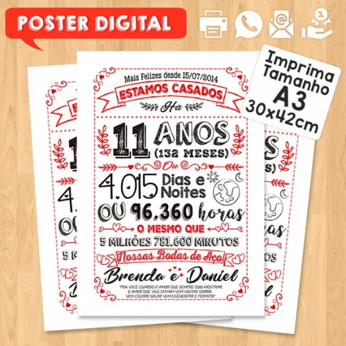 Arte Digital Chalkboard Bodas Aço 11 Anos A3 30x42cm