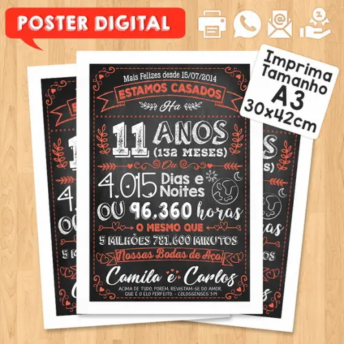 Arte Digital Chalkboard Bodas Aço 11 Anos A3 30x42cm