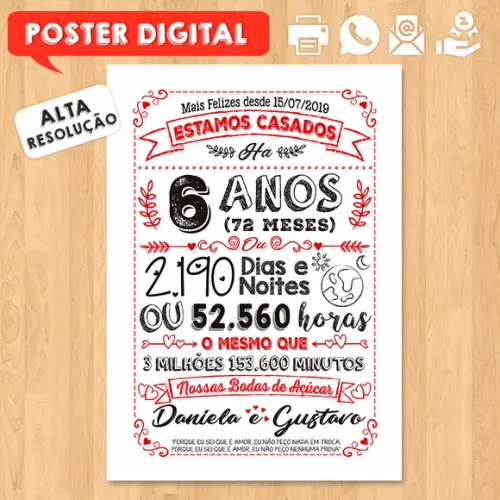 Arte Digital Chalkboard Bodas Açúcar 06 Anos A3 30x42cm