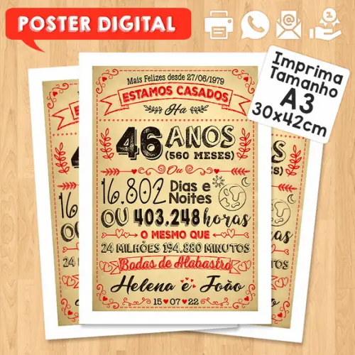 Arte Digital Chalkboard Bodas Alabastro 46 Anos A3 30x42cm