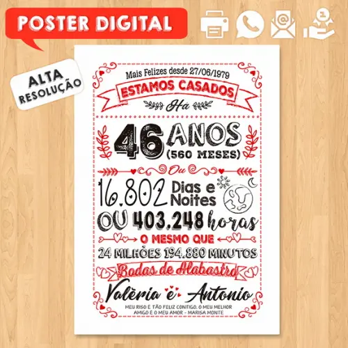Arte Digital Chalkboard Bodas Alabastro 46 Anos A3 30x42cm