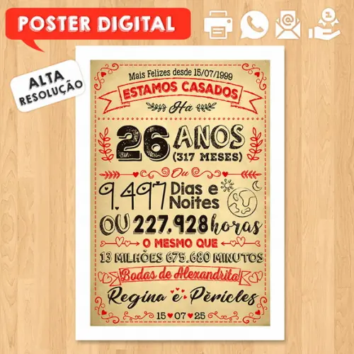 Arte Digital Chalkboard Bodas Alexandrita 26 Anos A3 30x42cm