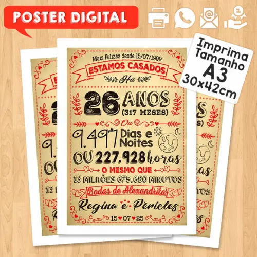 Arte Digital Chalkboard Bodas Alexandrita 26 Anos A3 30x42cm
