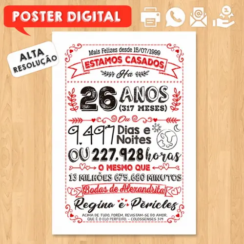 Arte Digital Chalkboard Bodas Alexandrita 26 Anos A3 30x42cm