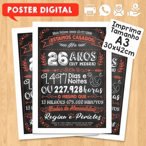 Arte Digital Chalkboard Bodas Alexandrita 26 Anos A3 30x42cm