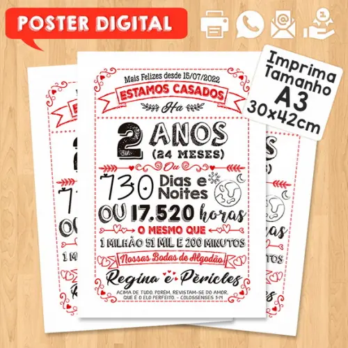 Arte Digital Chalkboard Bodas Algodão 02 Anos A3 30x42cm