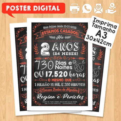 Arte Digital Chalkboard Bodas Algodão 02 Anos A3 30x42cm