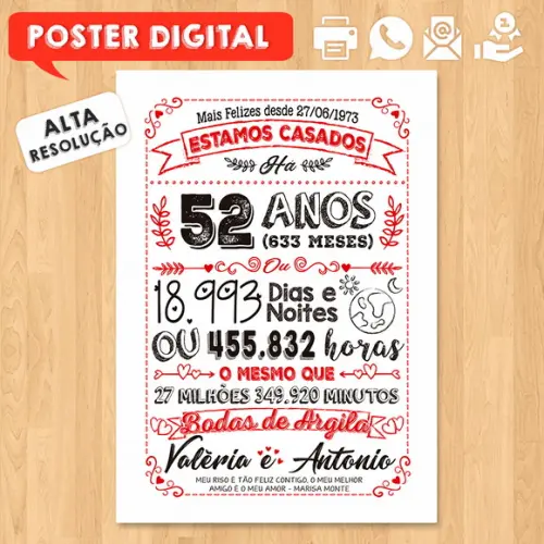 Arte Digital Chalkboard Bodas Argila 52 Anos A3 30x42cm