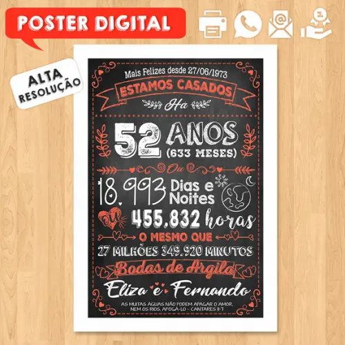 Arte Digital Chalkboard Bodas Argila 52 Anos A3 30x42cm
