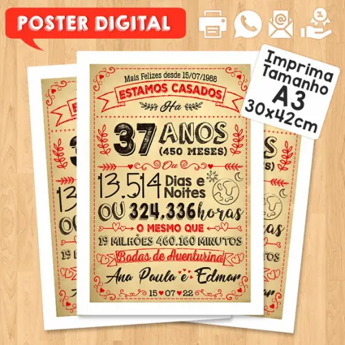 Arte Digital Chalkboard Bodas Aventurina 37 Anos A3 30x42cm