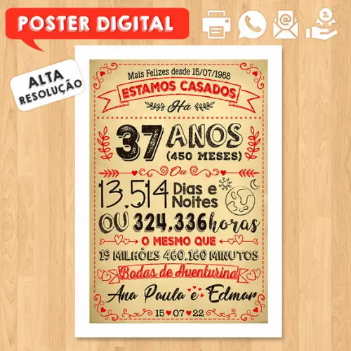 Arte Digital Chalkboard Bodas Aventurina 37 Anos A3 30x42cm