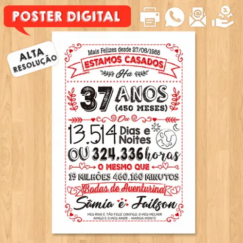 Arte Digital Chalkboard Bodas Aventurina 37 Anos A3 30x42cm