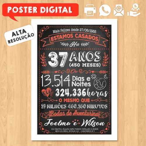 Arte Digital Chalkboard Bodas Aventurina 37 Anos A3 30x42cm