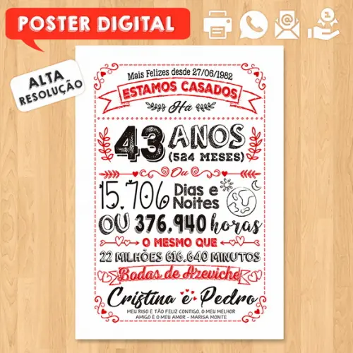 Arte Digital Chalkboard Bodas Azeviche 43 Anos A3 30x42cm
