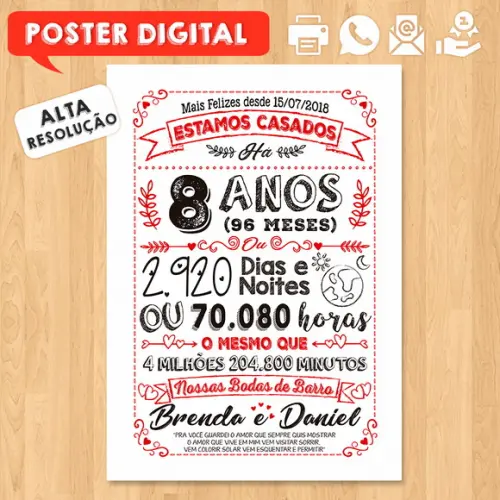 Arte Digital Chalkboard Bodas Barro 08 Anos A3 30x42cm