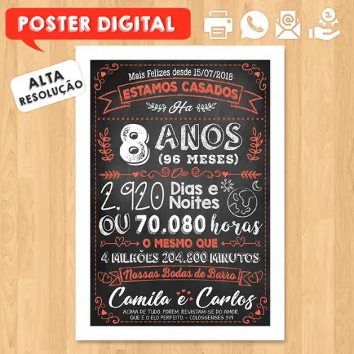 Arte Digital Chalkboard Bodas Barro 08 Anos A3 30x42cm