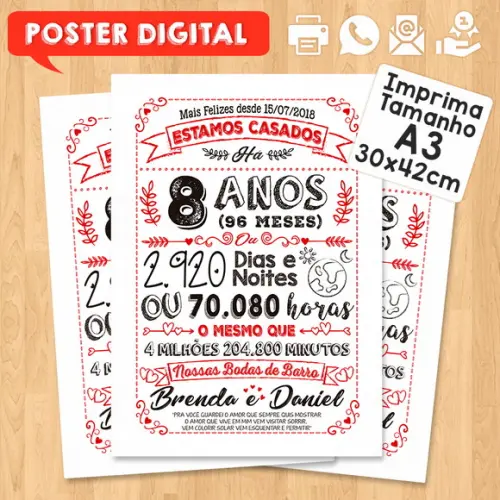 Arte Digital Chalkboard Bodas Barro 08 Anos A3 30x42cm