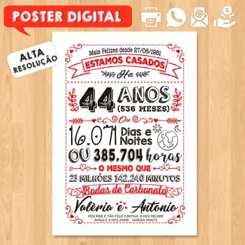 Arte Digital Chalkboard Bodas Carbonato 44 Anos A3 30x42cm