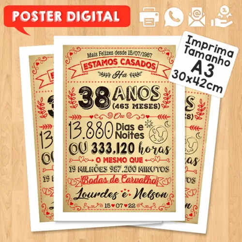 Arte Digital Chalkboard Bodas Carvalho 38 Anos A3 30x42cm
