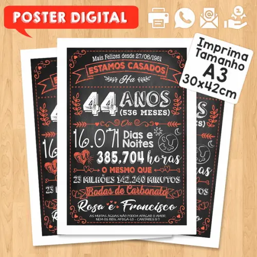 Arte Digital Chalkboard Bodas Carbonato 44 Anos A3 30x42cm