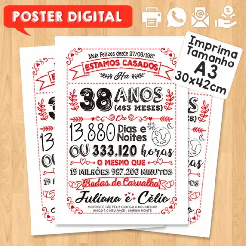 Arte Digital Chalkboard Bodas Carvalho 38 Anos A3 30x42cm