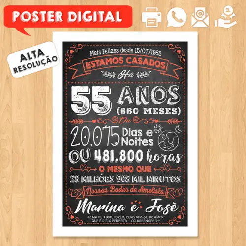 Arte Digital Chalkboard Bodas Casamento Ametista 55 Anos