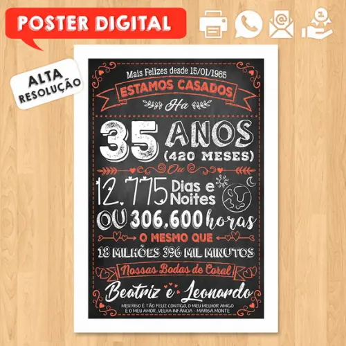 Arte Digital Chalkboard Bodas Casamento Coral 30 Anos