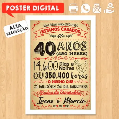 Arte Digital Chalkboard Bodas Casamento Esmeralda 40 Anos