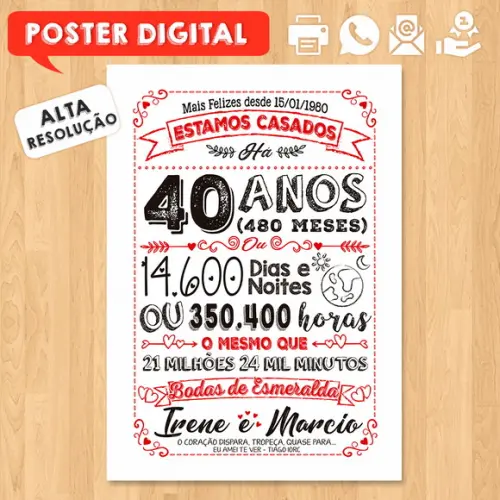 Arte Digital Chalkboard Bodas Casamento Esmeralda 40 Anos