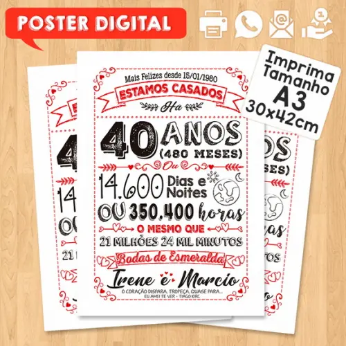 Arte Digital Chalkboard Bodas Casamento Esmeralda 40 Anos