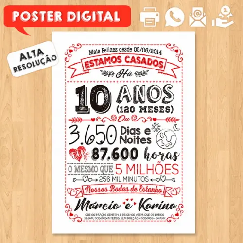 Arte Digital Chalkboard Bodas Casamento Estanho 10 Anos