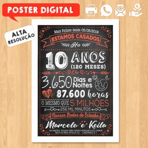 Arte Digital Chalkboard Bodas Casamento Estanho 10 Anos