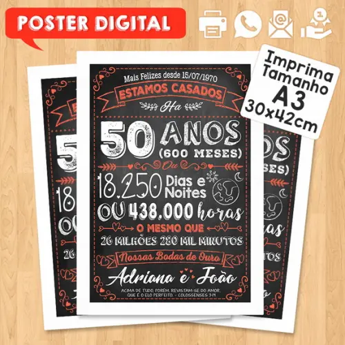 Arte Digital Chalkboard Bodas Casamento Ouro 50 Anos